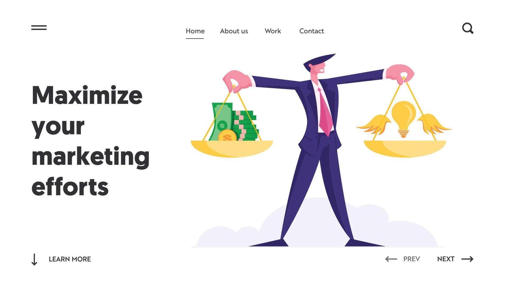Idea Bring Money Website Landing Page. Businessman Hold Gold Weights with Stack of Coins and Banknotes and Glowing Light Bulb with Wings on Scalepans Web Page Banner. Cartoon Flat Illustration vector