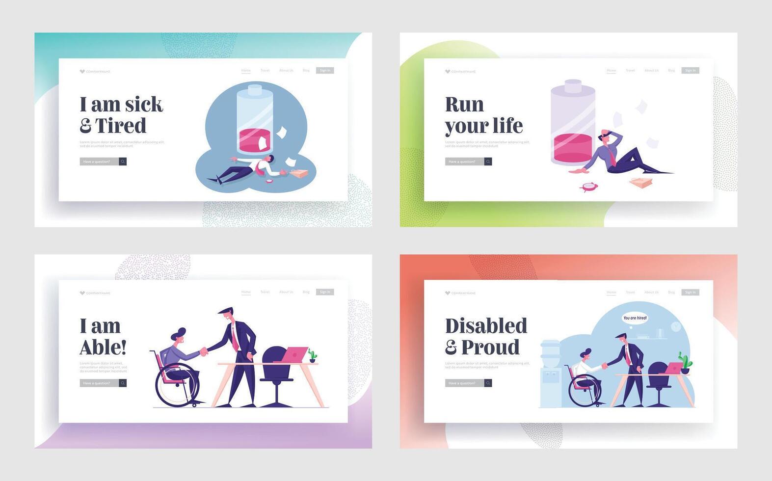Working Overload, Disabled Employment Website Landing Page Set. Handicapped Worker Introducing with New Workplace, Tired Officer with Low Battery Web Page Banner. Cartoon Flat Illustration vector