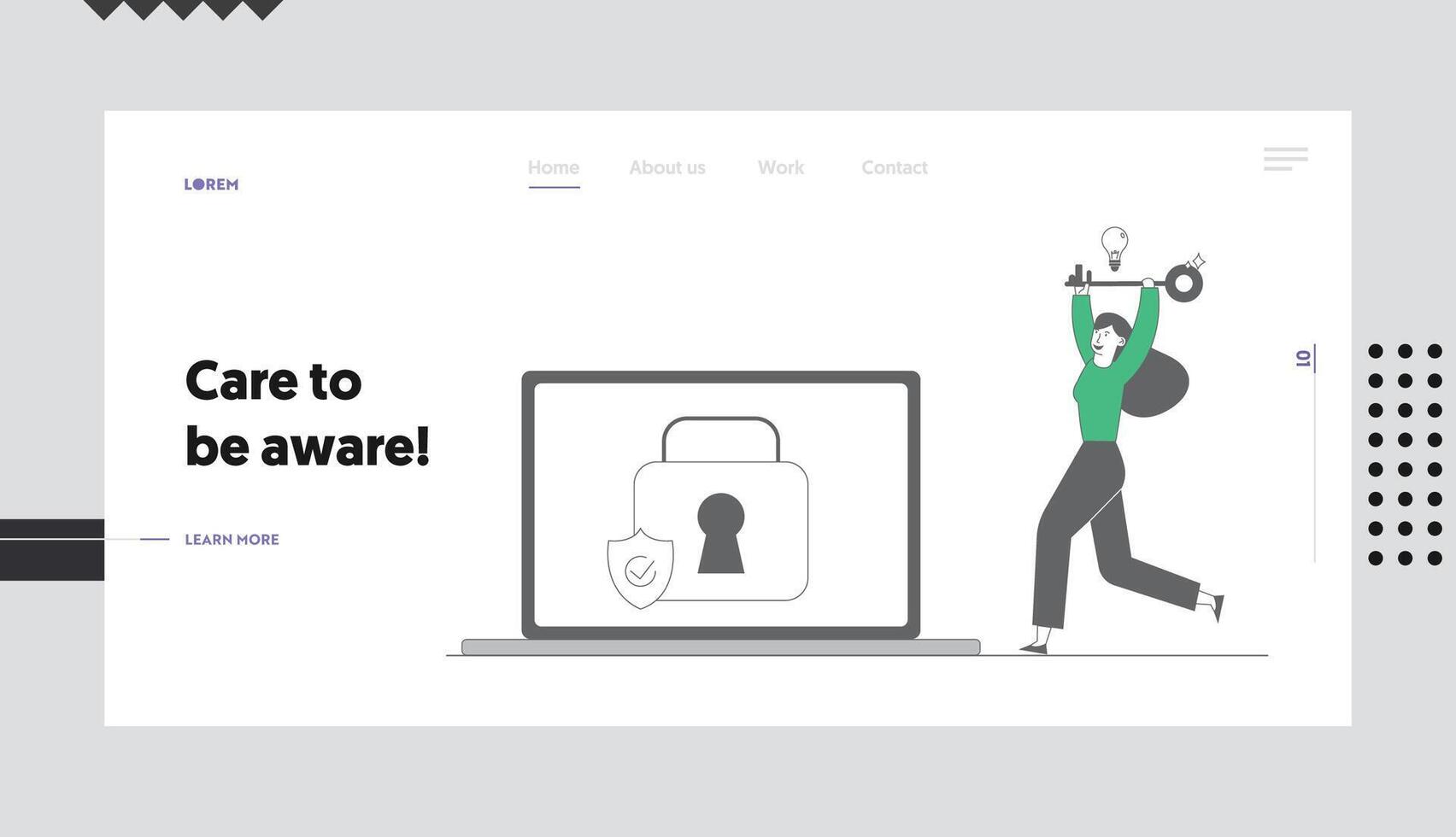 User Remember Lost Account Password Website Landing Page. Happy Woman Run with Key and Light Bulb to Laptop with Padlock and Shield on Screen Web Page Banner. Cartoon Flat Illustration Line Art vector