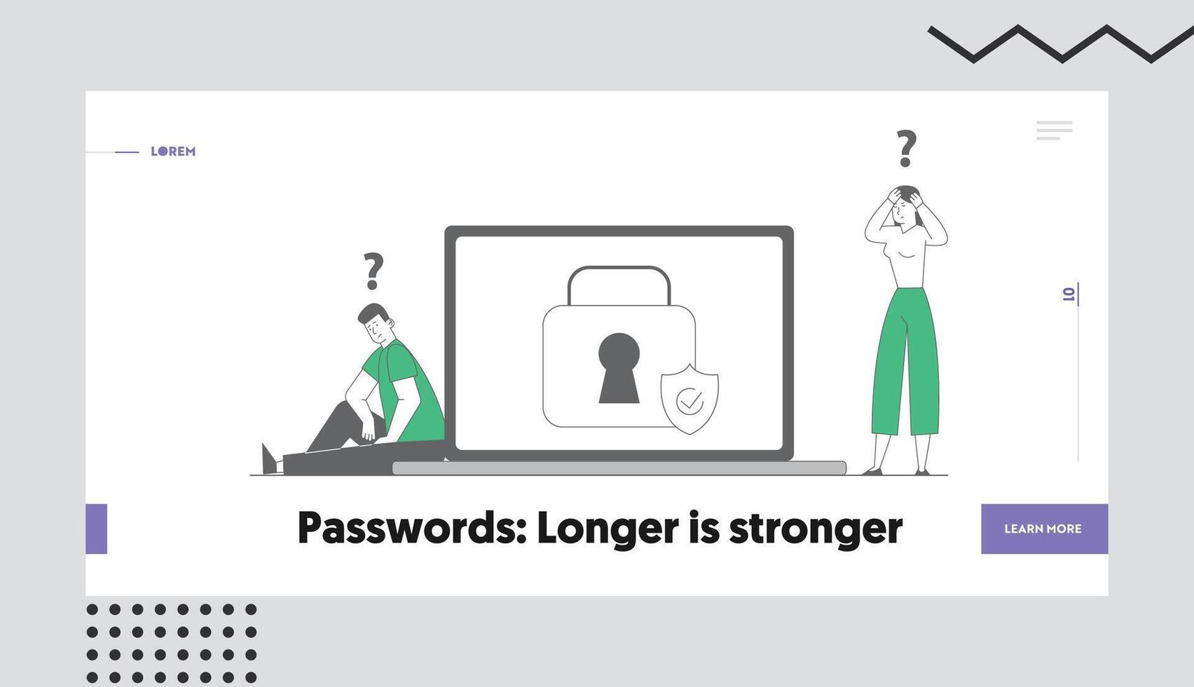 Profile and Account Security and Protection in Internet Website Landing Page. Users Sitting at Huge Laptop Trying to Remember Lost Password Web Page Banner. Cartoon Flat Illustration, Line Art vector