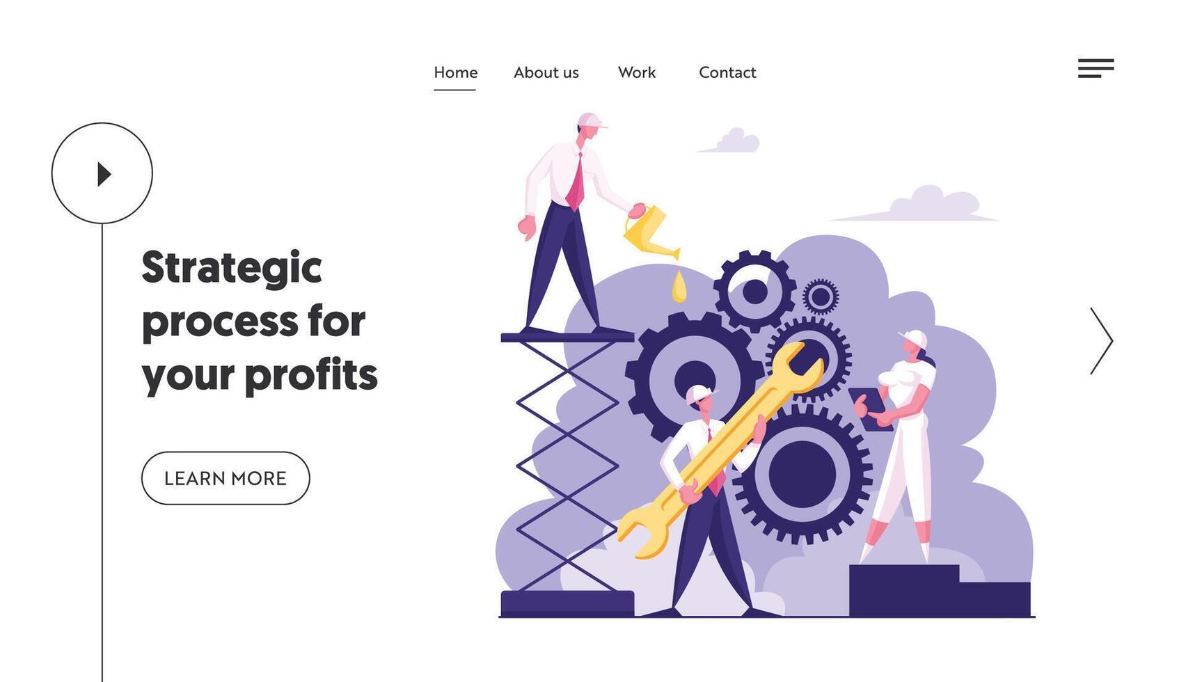 Working Routine and Teamwork Website Landing Page. Business Characters in Hardhats Moving Huge Gear Mechanism Using Wrench and Oilcan. Cogwheel Process Web Page Banner Cartoon Flat Illustration vector