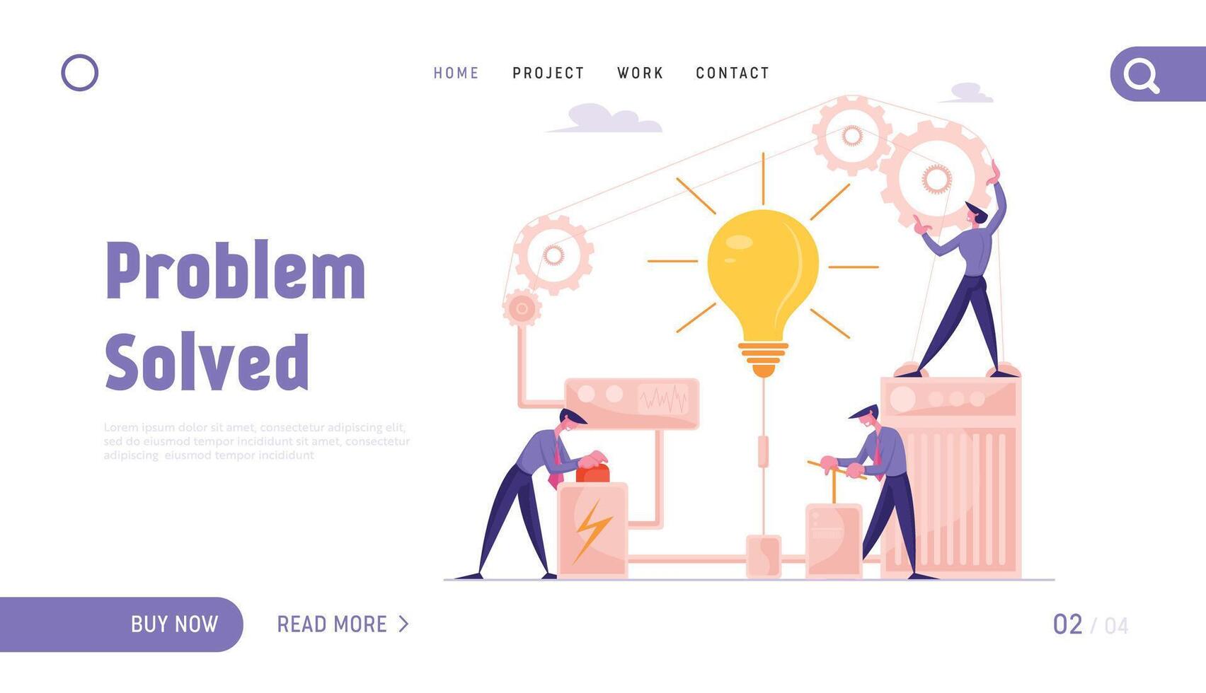 Startup Financial Idea Realization, Searching Solution Website Landing Page. Businesspeople Launch Lamp Pushing Lever Arm and Button in Gear Mechanism Web Page Banner. Cartoon Flat Illustration vector