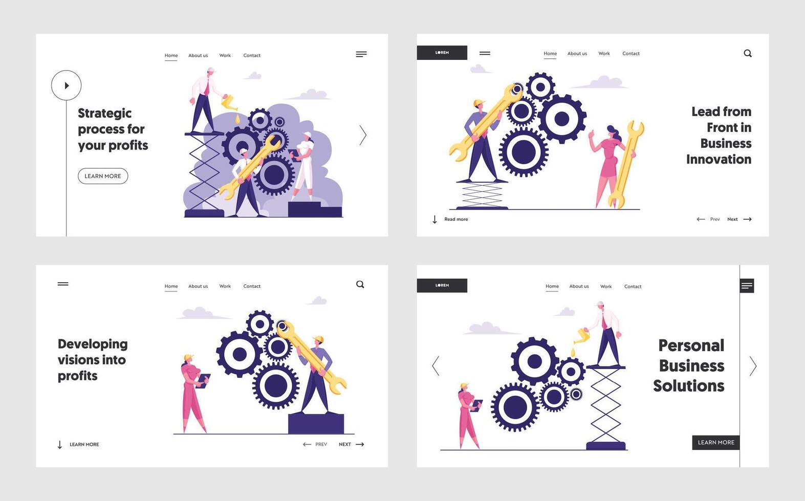 Working Routine Process and Teamwork Cooperation Website Landing Page Set. Business People Moving Gears, Managing Cogwheels Mechanism Web Page Banner. Cartoon Flat Illustration Web Page Banner. vector