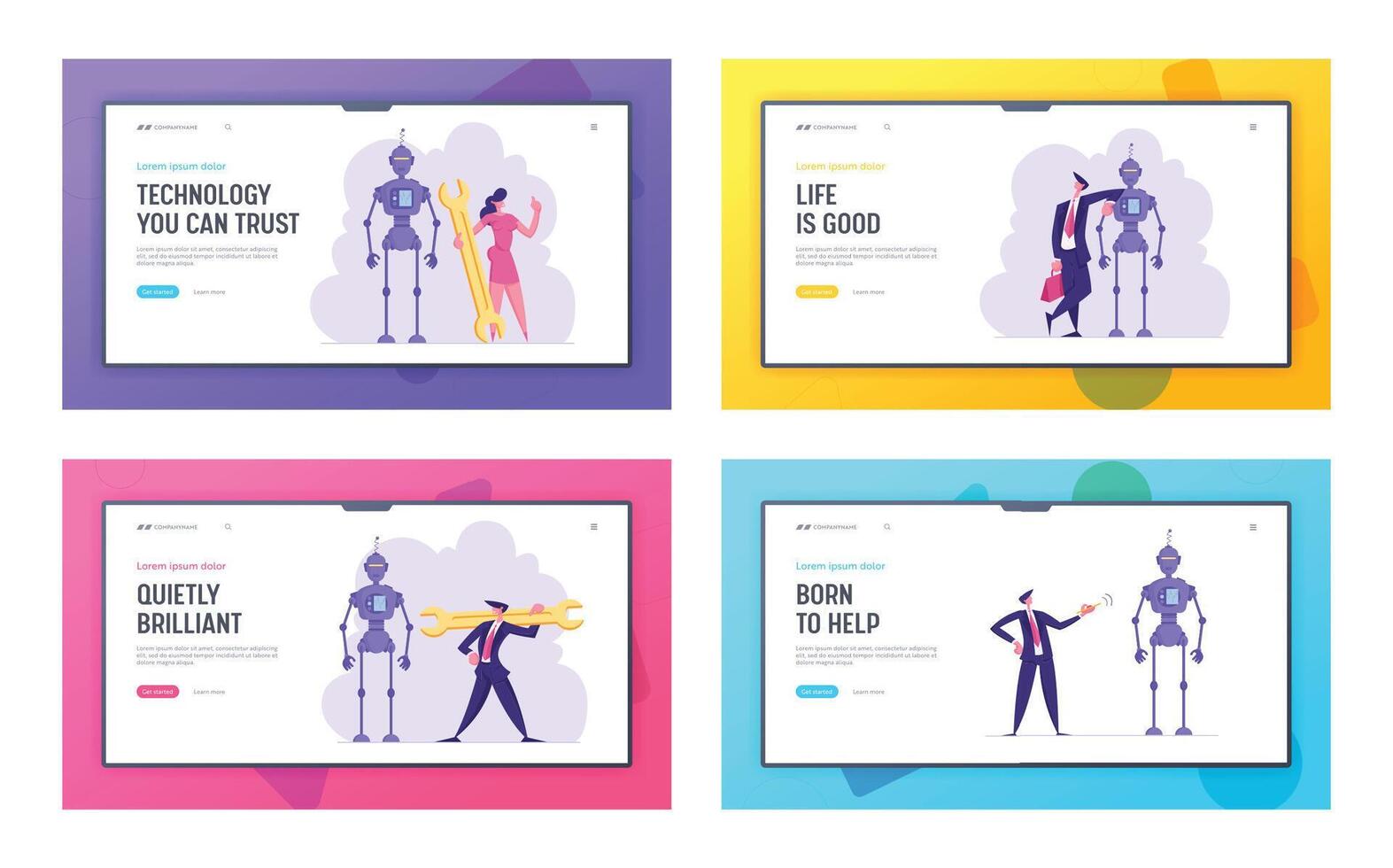 Artificial Intelligence Assembly Technology and Science Development Website Landing Page Set. Engineers or Business People Characters Set Up Ai Robot Web Page Banner. Cartoon Flat Illustration vector