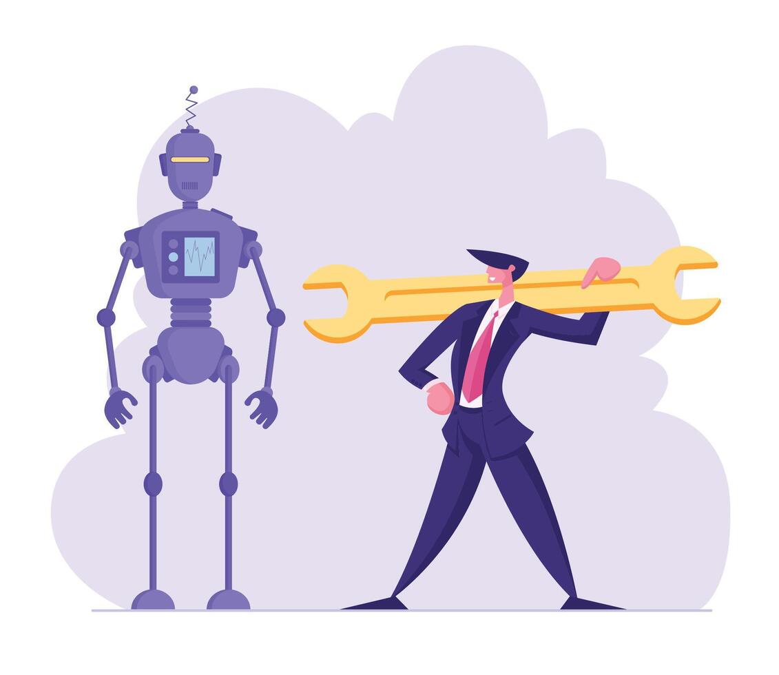 Robotics Engineering, Chatbot and Automatization in Business Concept. Businessman Holding Huge Wrench Stand near Cyborg. Robots in Human Life, Artificial Intelligence Cartoon Flat Illustration vector