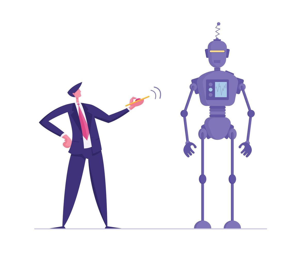 Human and Robot Concept. Businessman Push Red Button on Remote Control to Make Huge Robot Moving. Cyborg Automation, Future and Artificial Intelligence Technologies Cartoon Flat Illustration vector