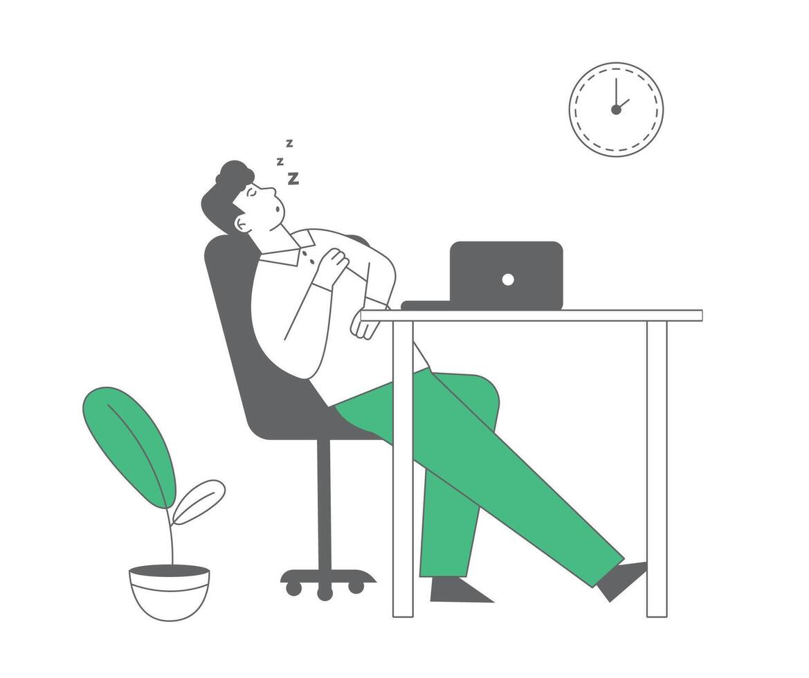 Procrastination, Overwork Burnout Symptom Concept. Lazy, Boring or Tired Businessman with Low Life Energy Sleep at Working Place Lying on Desk with Computer Cartoon Flat Illustration, Line Art vector