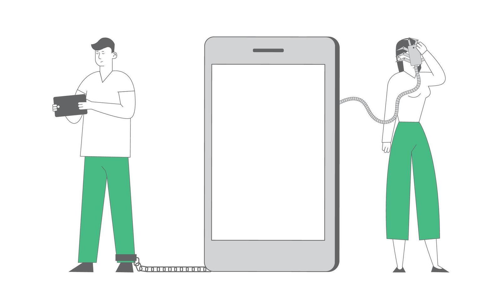 Gadget, Internet, Social Network Addiction Concept. Woman Stand with Smartphone on Face, Man with Tablet Tied with Metal Chain. Community Problem, Dependency Cartoon Flat Illustration, Line Art vector