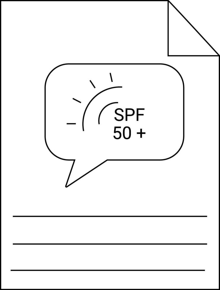 Drawing of sheet with bent corner lines and sunshaped chat bubble with SPF 50 inside vector