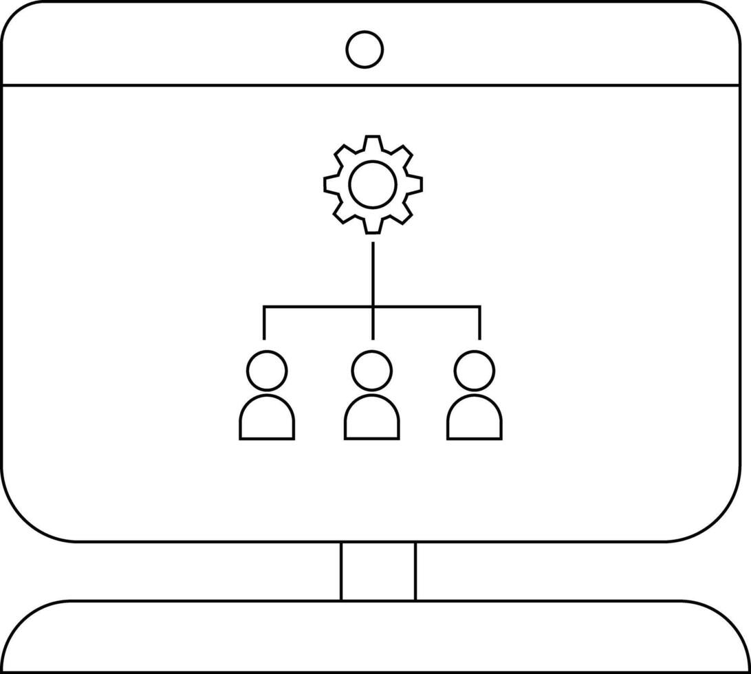 A computer monitor displaying a gear above three connected people icons vector