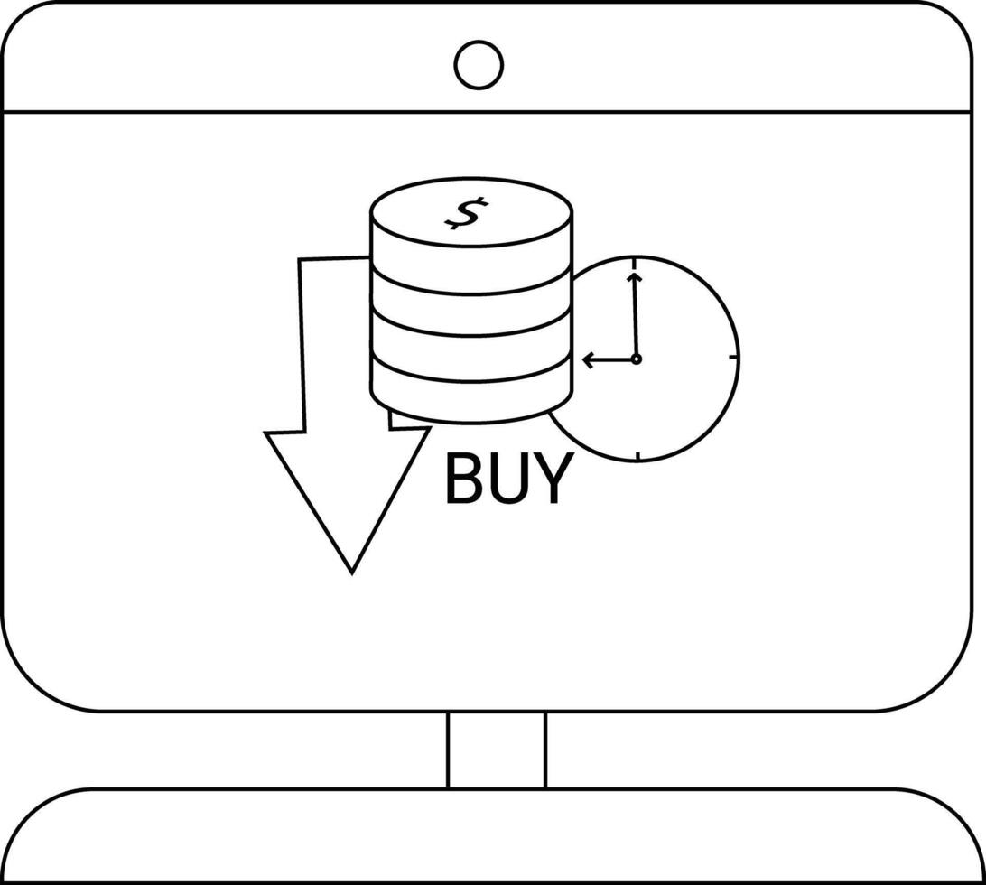 A screen displaying an icon of a stack of coins with an arrow clock and the text BUY vector