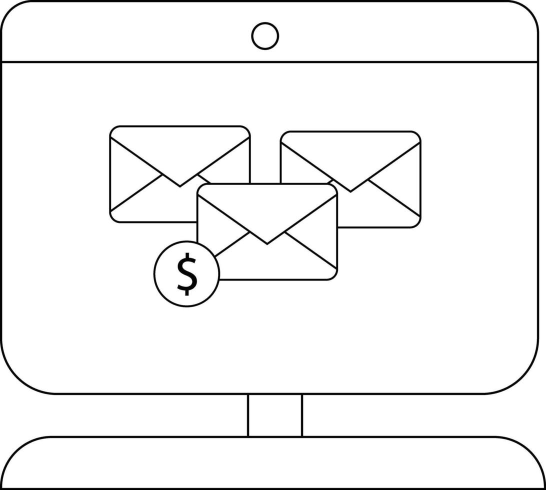 Monitor displaying three enveloped icons and dollar sign vector