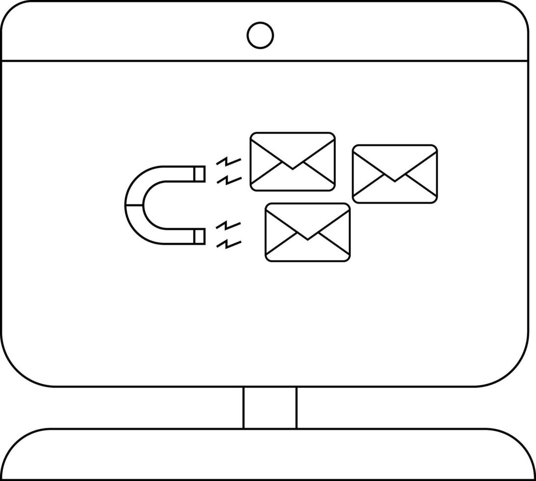 Monitor displays a magnet attracting email icons the screen has a power button on top vector