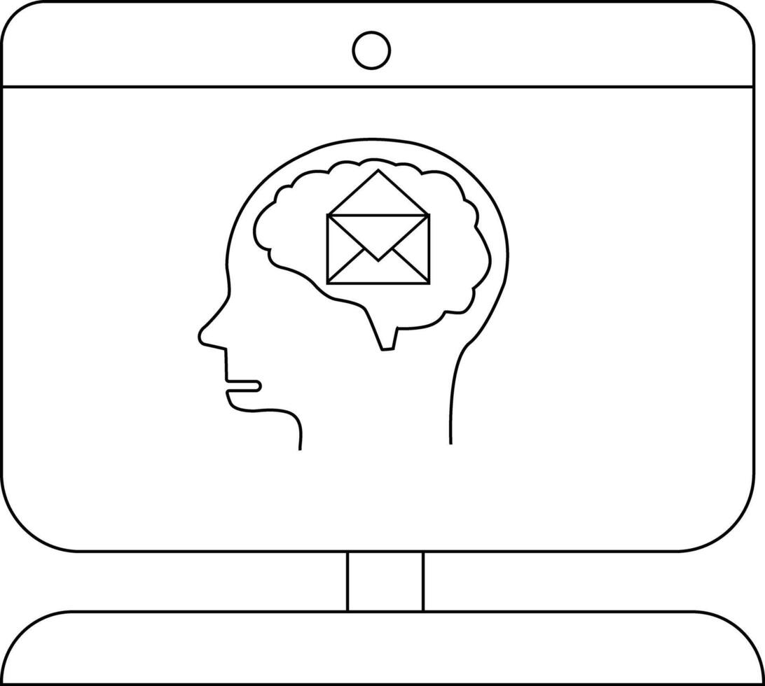 Computer monitor displays a brain outline containing an envelope icon vector