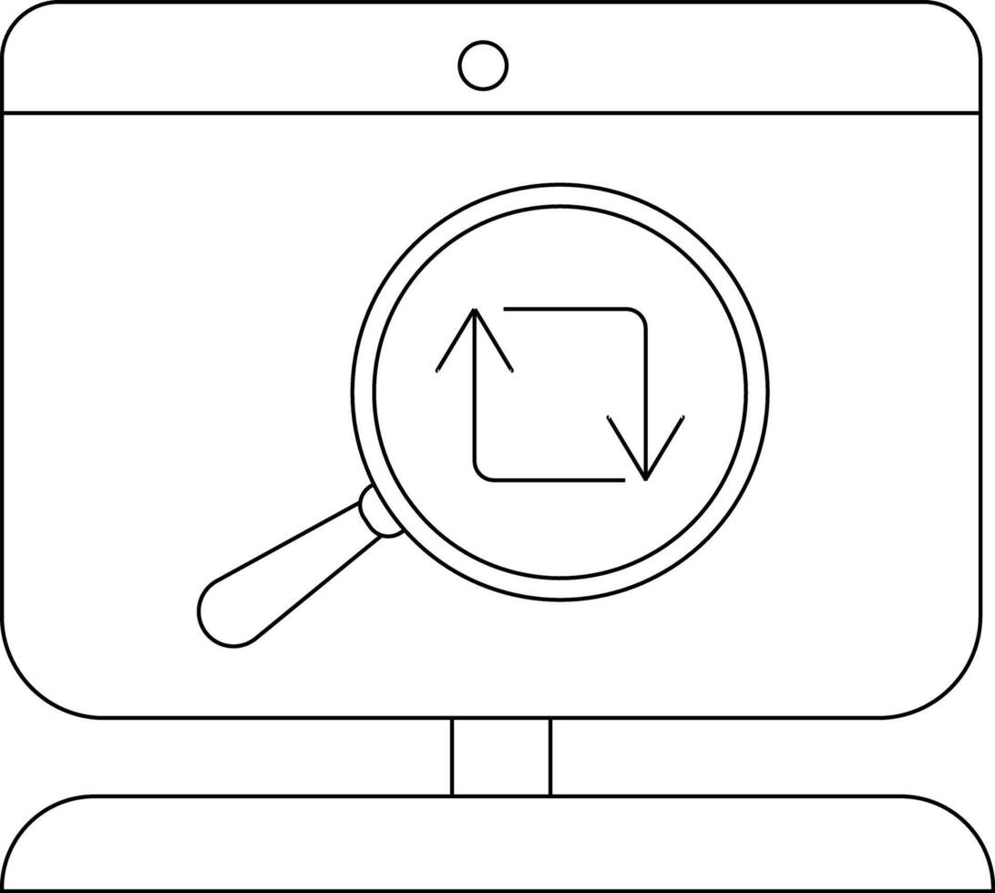 A computer monitor screen displays a magnifying glass focusing on a looped arrow icon vector