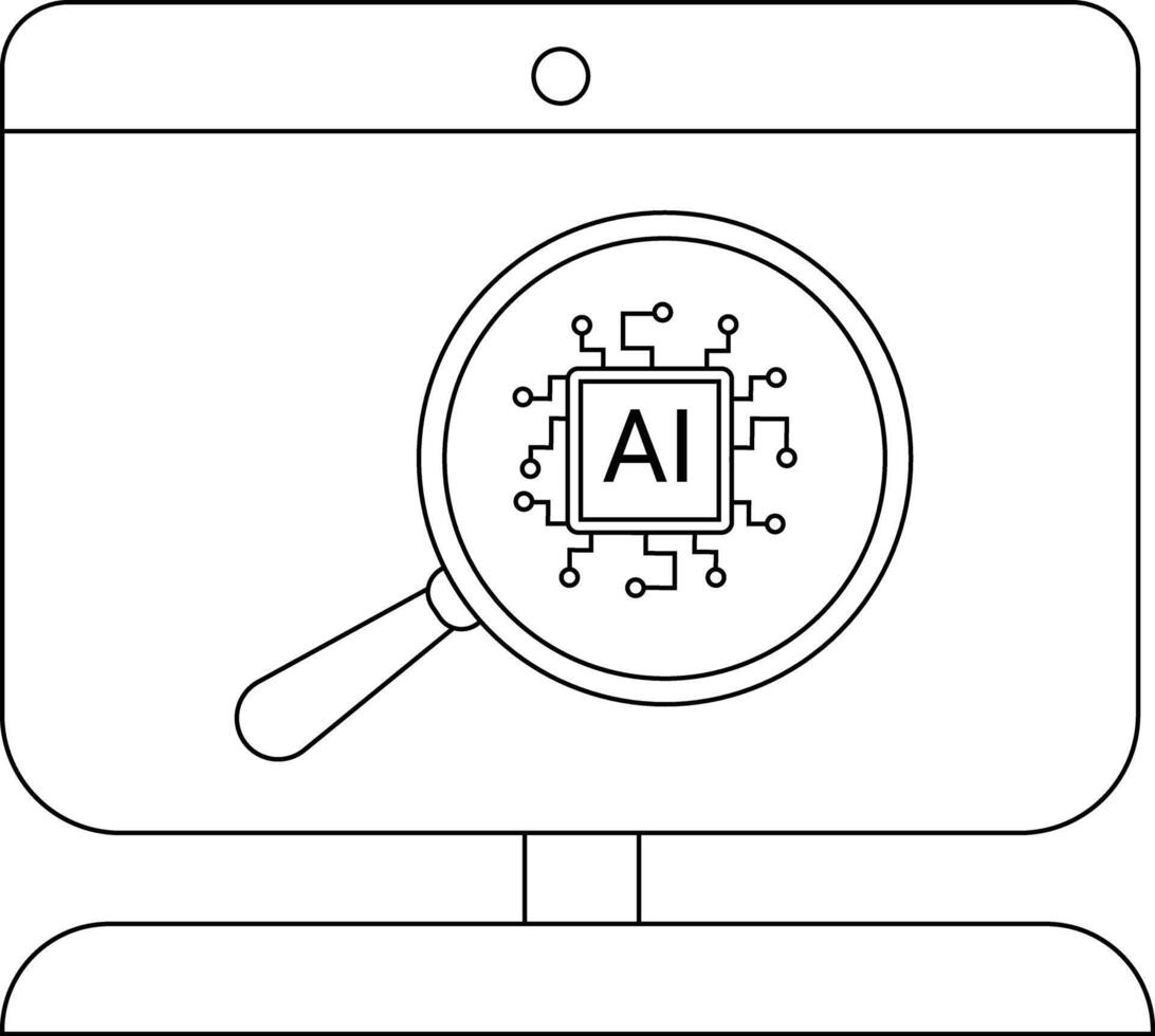 un computadora pantalla muestra un aumentador vaso enfoque en un ai chip icono vector