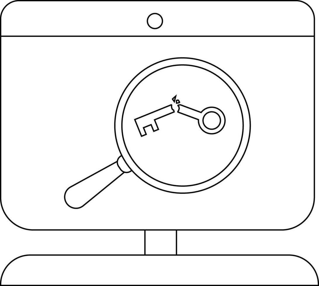A monitor displaying a broken key under a magnifying glass vector
