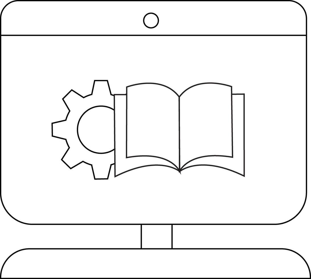 un escritorio computadora muestra un engranaje y abierto libro con un circular elemento encima el pantalla vector