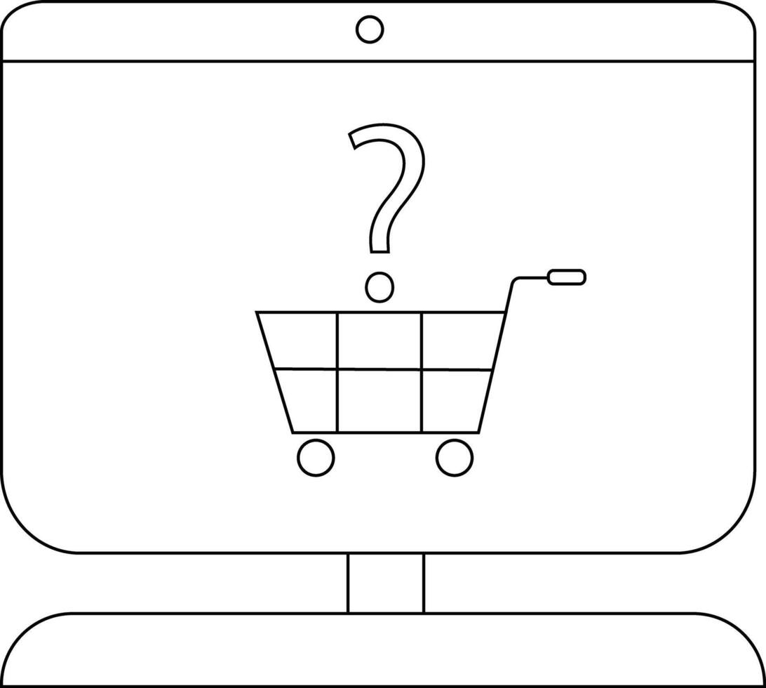 Outline depicts a computer monitor displaying a shopping cart with a question mark above it vector