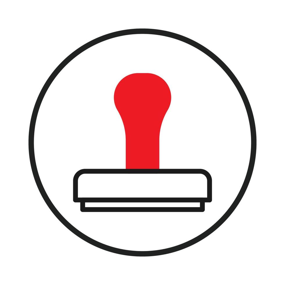 Simple red and black stamp icon within a circular frame representing validation and approval for vector