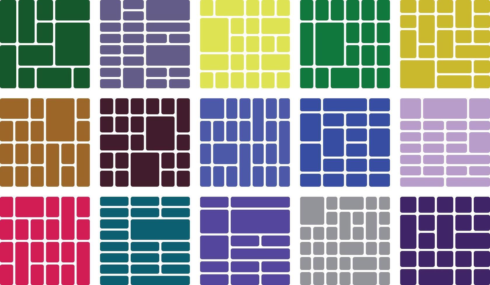 Fifteen colorful grid patterns with rounded rectangles and varied layouts vector