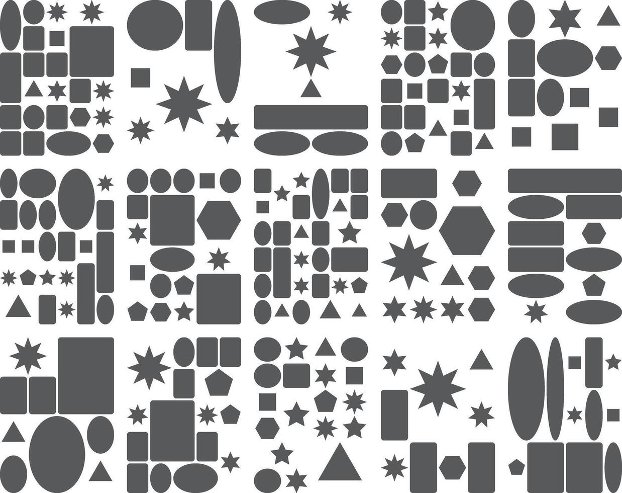 Geometric shapes pattern circles, squares, stars, triangles, ovals grid vector