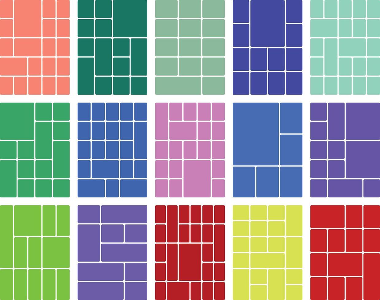 Vibrant abstract geometric grid mosaic patterns set of rounded rectangles vector