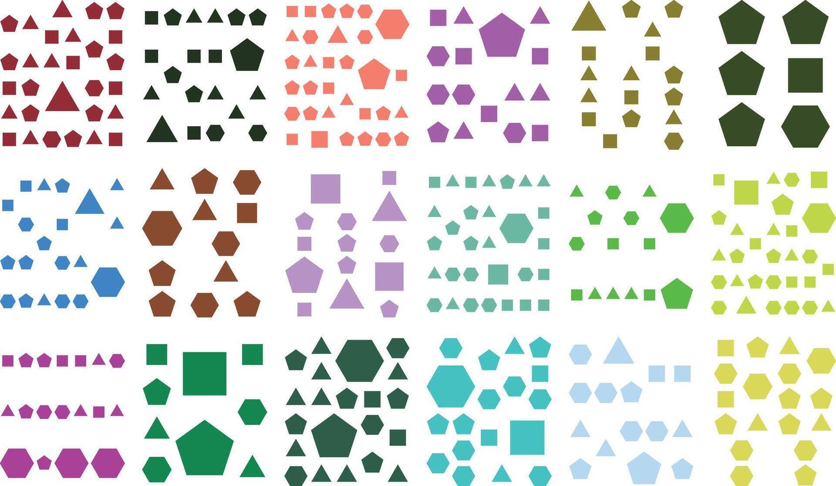Vibrant geometric shapes pattern in a grid, squares, triangles, hexagons vector