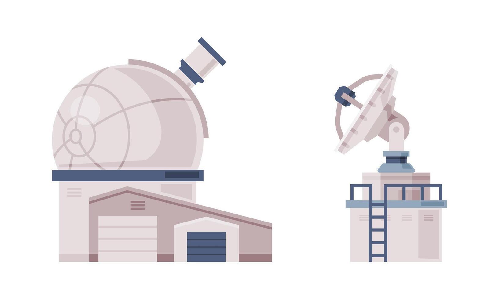 Observatory dome and satellite dish for broadcast communication. Explore and observe galaxy and space technologies illustration vector