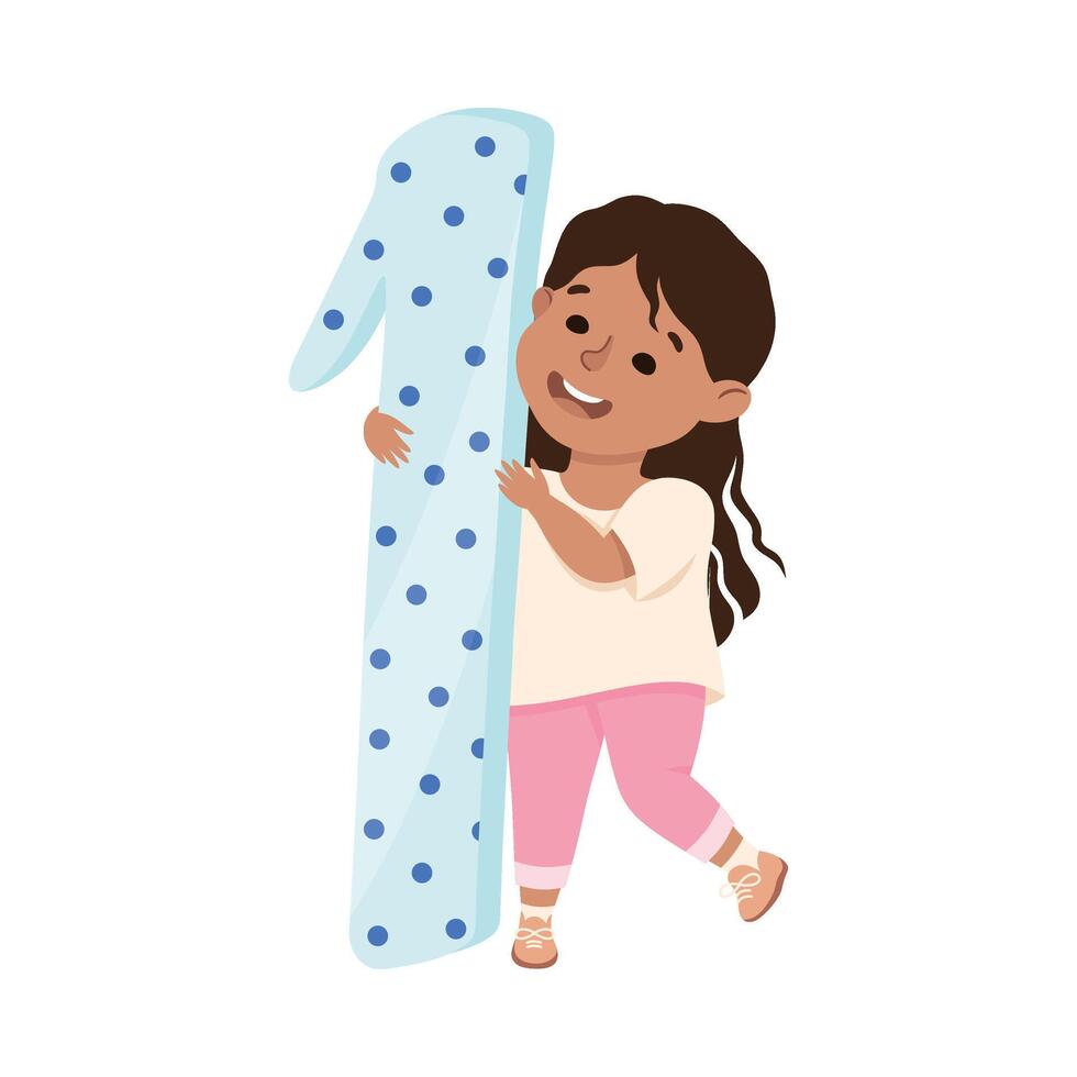 Little Girl with Huge Number One or Numeral Learning Basic Counting Illustration vector