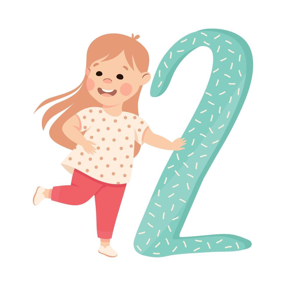 pequeño niña con enorme número dos o número aprendizaje básico contando ilustración vector