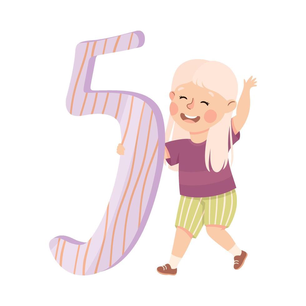 Little Girl with Huge Number Five or Numeral Learning Basic Counting Illustration vector