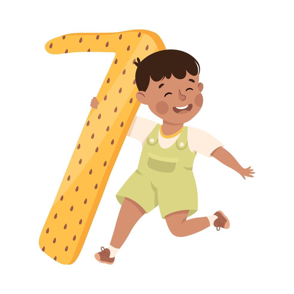 pequeño chico con enorme amarillo número Siete o número aprendizaje básico contando ilustración vector