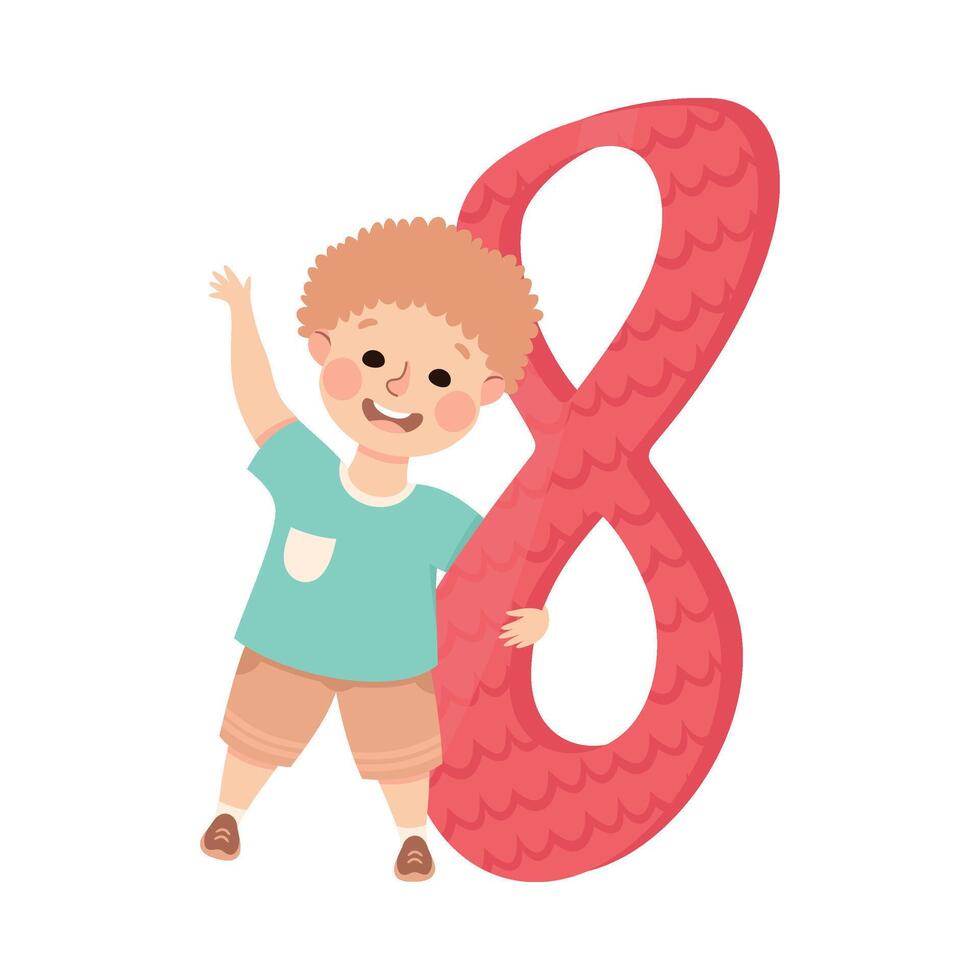 pequeño chico con enorme número ocho o número aprendizaje básico contando ilustración vector