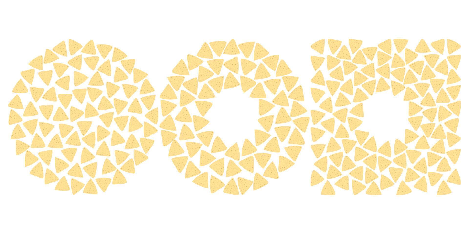 Hand drawn Nachos Circular and Square Frame Border Copy space Template and Round Backdrop Mexican Cuisine Minimal Flat Design Set. Isolated illustration Mexican Related Content Menu card, price vector