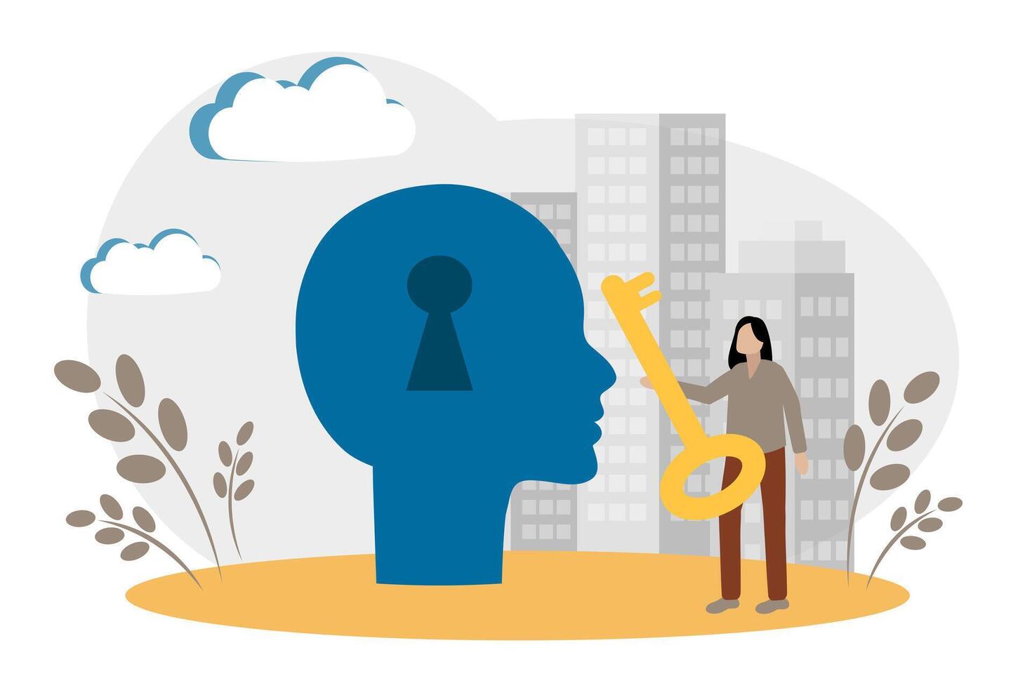 Head, keyhole and key. The concept of solving psychological problems, access to the subconscious and memories. Brainstorming vector