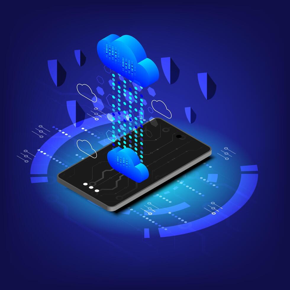 Cloud media data storage backup isometric technology concept web illustration. From the cloud in the mobile phone. Using cloud service. Internet of things concept. vector