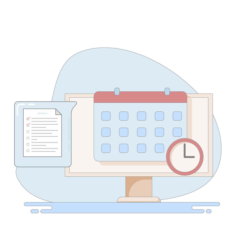 A computer screen with a calendar and a clock vector