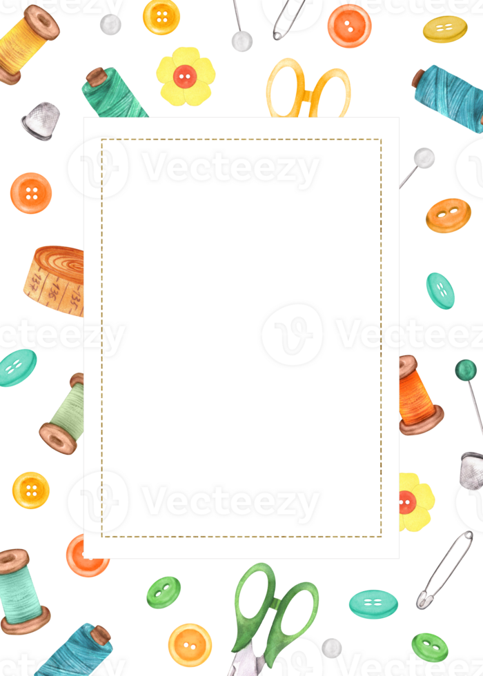 Rectangular frame for text on seamless pattern of scissors, thread spools, round buttons, pins, thimble, tape measure. Hand drawn illustrations for sewing, crafting-themed design, postcards png