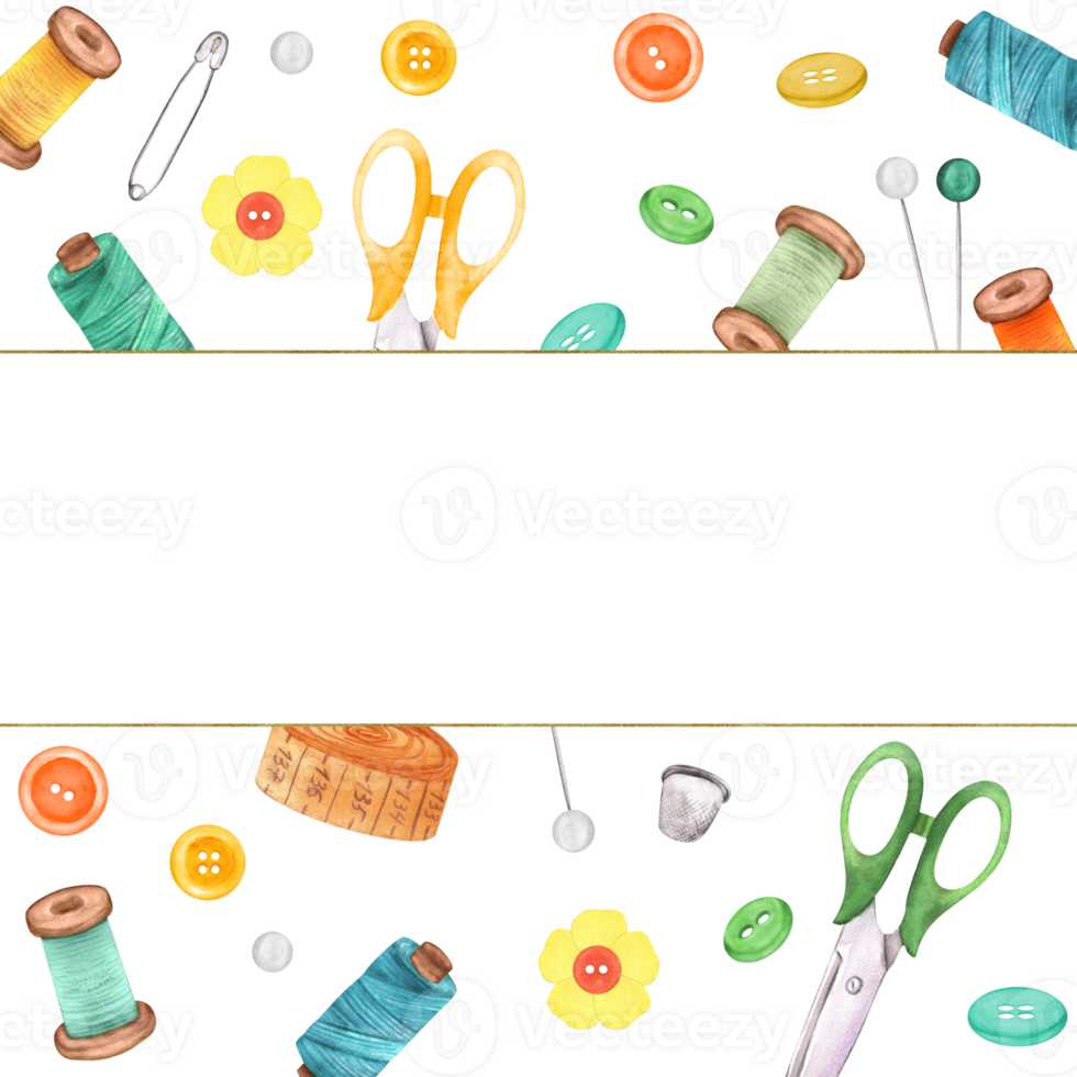 Rectangular frame for text on seamless pattern of sewing items. Scissors, threads, round buttons, pins, thimble, tape measure. Hand drawn illustrations for sewing, knitting, crafting-themed design png