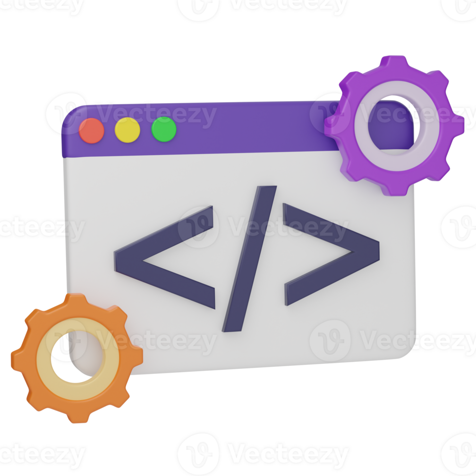 3d illustrazione di un' codifica del browser finestra con html parentesi e colorato ingranaggi, simboleggiante ragnatela sviluppo e programmazione concetti png