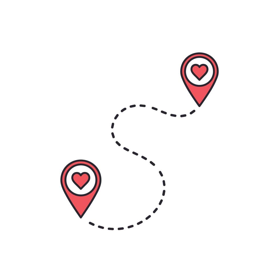 A dotted line connects two location pins each containing a heart symbol representing a journey of love or connection. vector