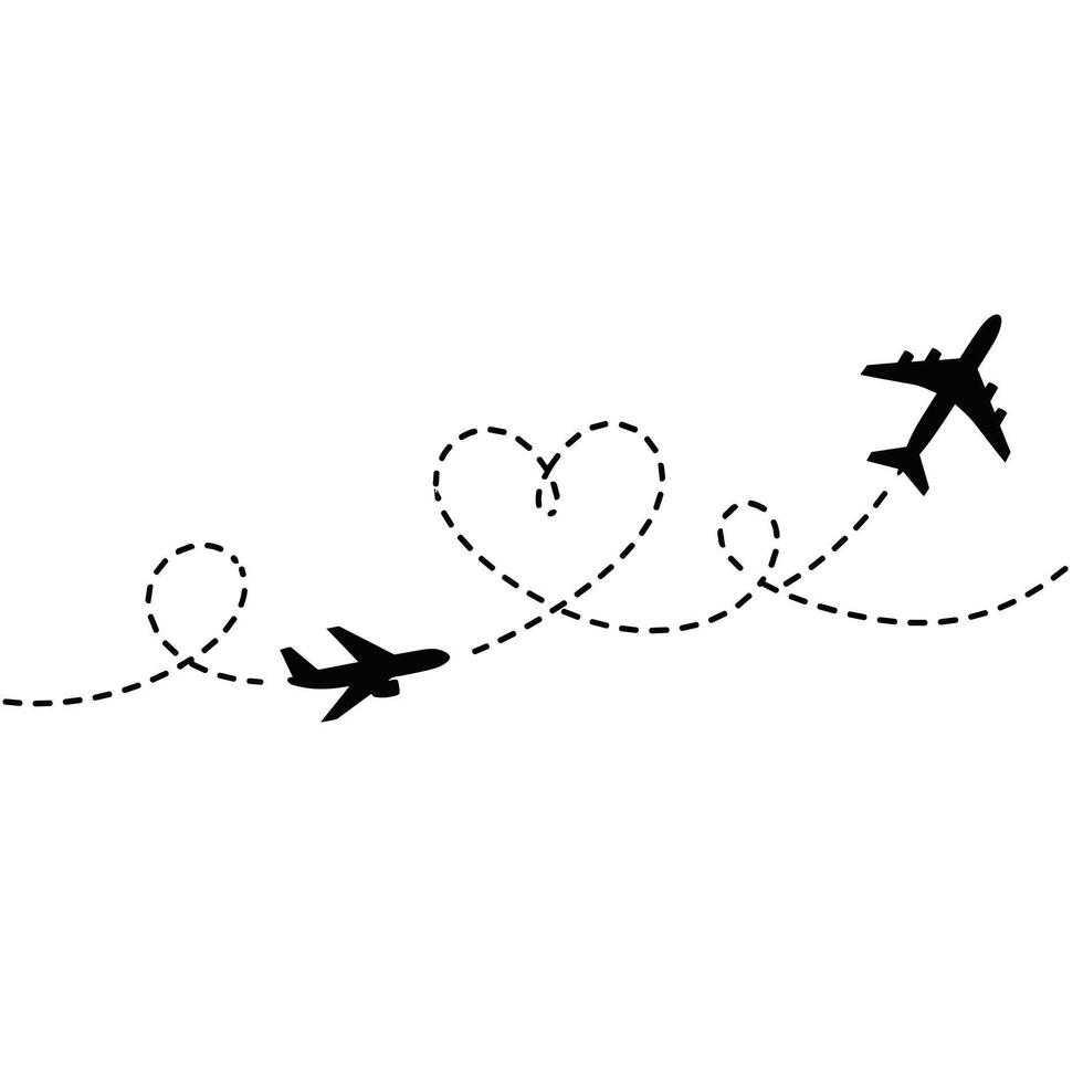 Two airplanes tracing dotted lines across the sky forming a heart shape in between them. vector