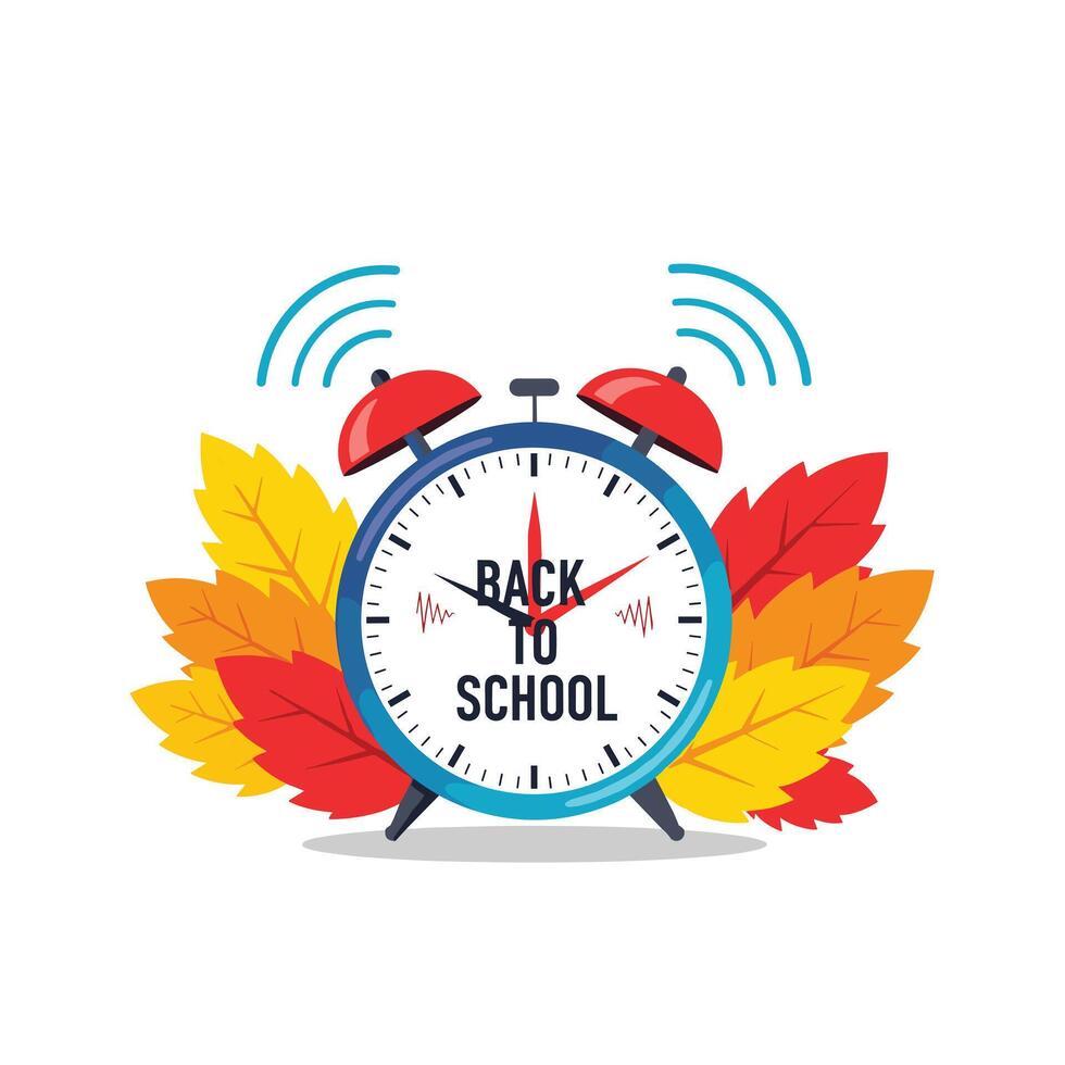 Alarm clock with back to school message surrounded by autumn leaves signaling the start of the academic year. vector