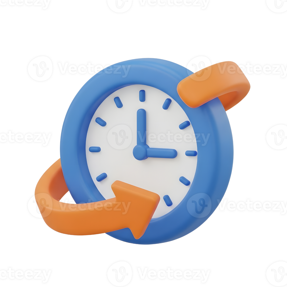 A 3D rendering of a blue clock with a circular orange arrow symbolizing time management, history, and scheduling deadlines png