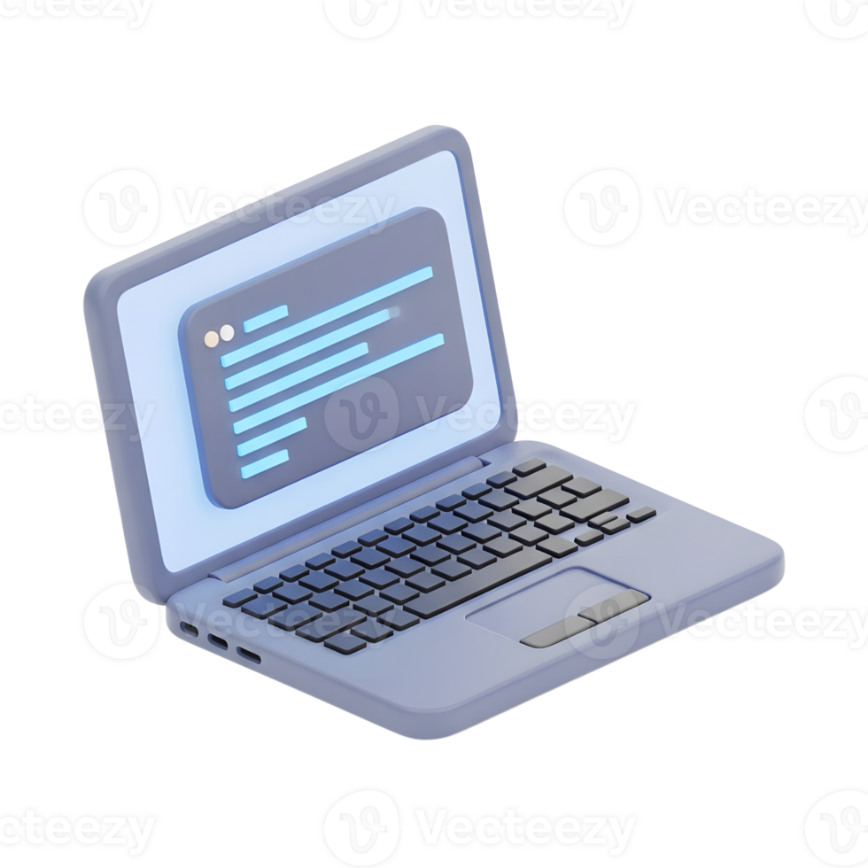 een strak 3d isometrische illustratie van een laptop computer met een programmering code koppel Aan haar scherm, symboliseert modern software ontwikkeling en technologie png