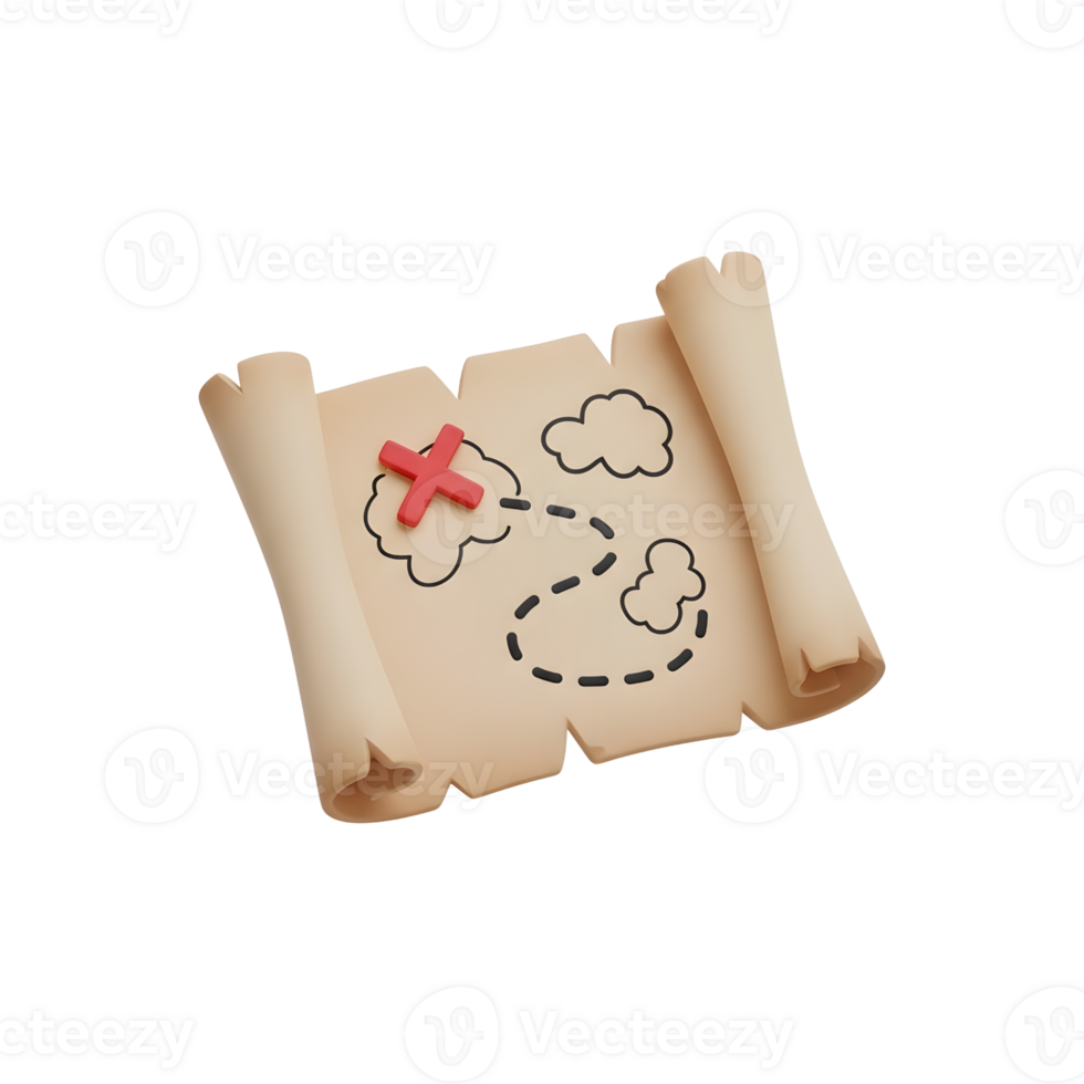 A stylized 3D render of an ancient rolled-up treasure map, prominently displaying a red 'X' and a winding dashed path, symbolizing adventure, discovery, and the quest for hidden wealth png