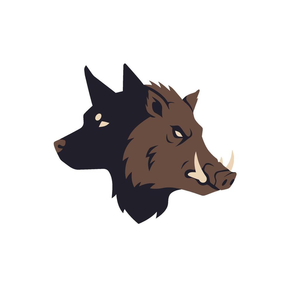 Striking illustrative emblem featuring a powerful dual-faced creature, merging the fierce head of a wild boar with the alert profile of a dog, symbolizing strength and primal instinct vector