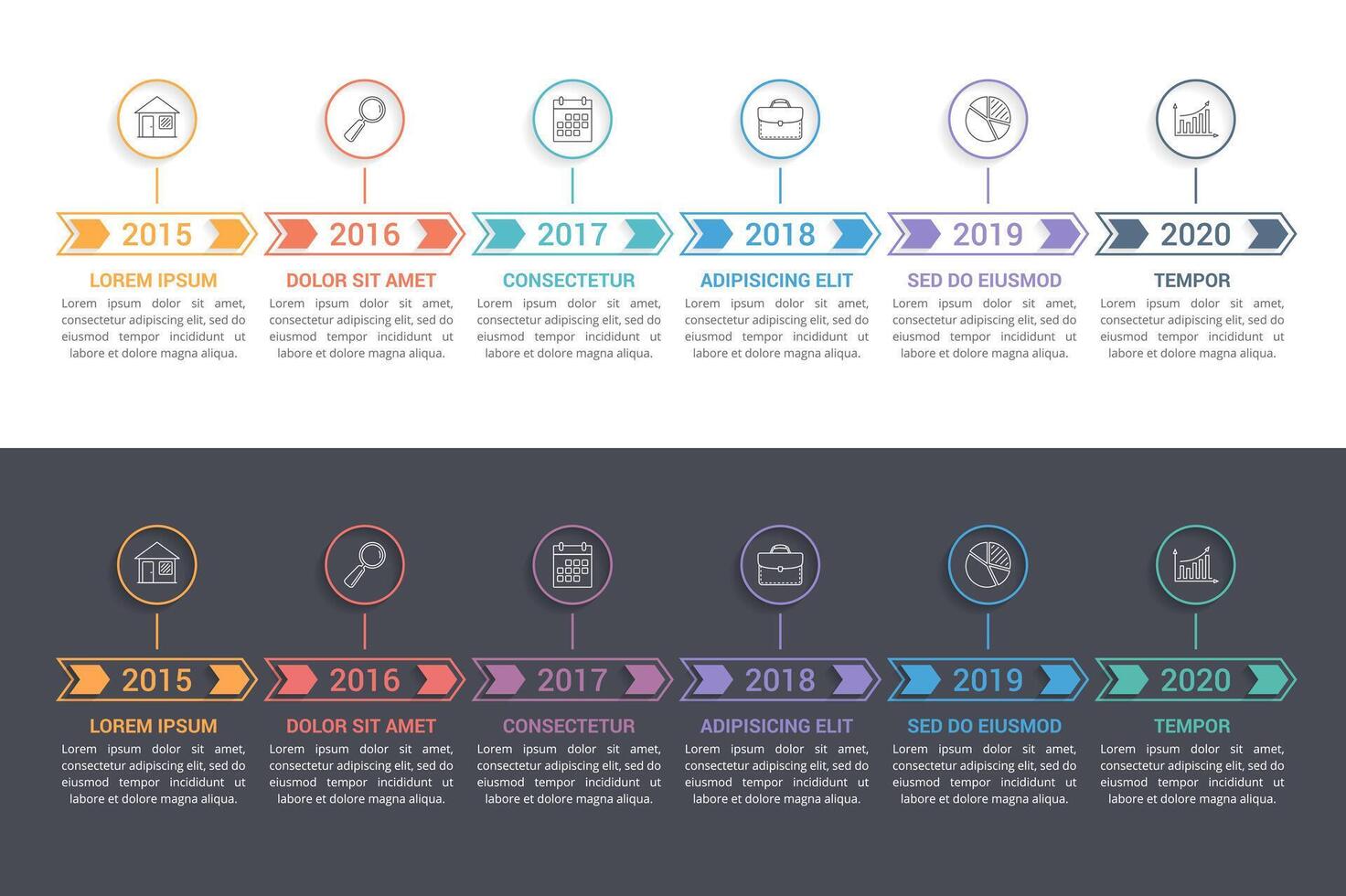 Timeline infographics with arrows with 6 steps, two templates vector