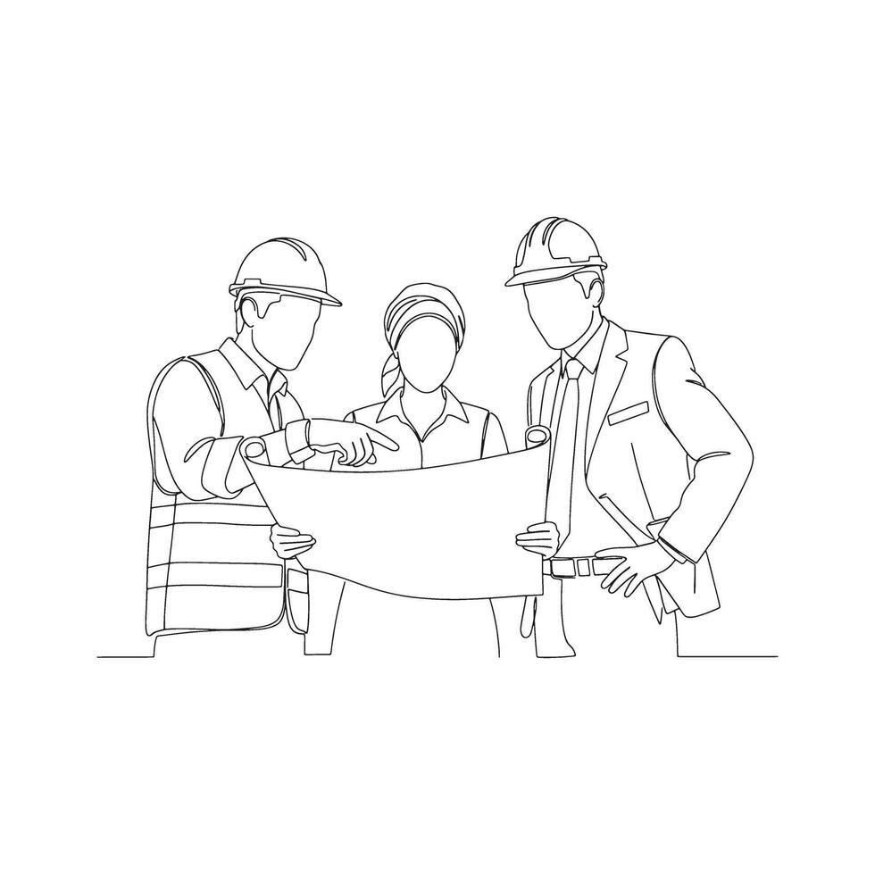 continuous line drawing of three construction engineers reviewing blueprint on site vector